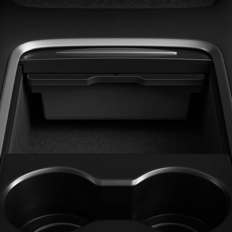 ACP04508 - Tesla Model y & 3 Center Console Organizer Tray in black showing the tray inserted inside of car