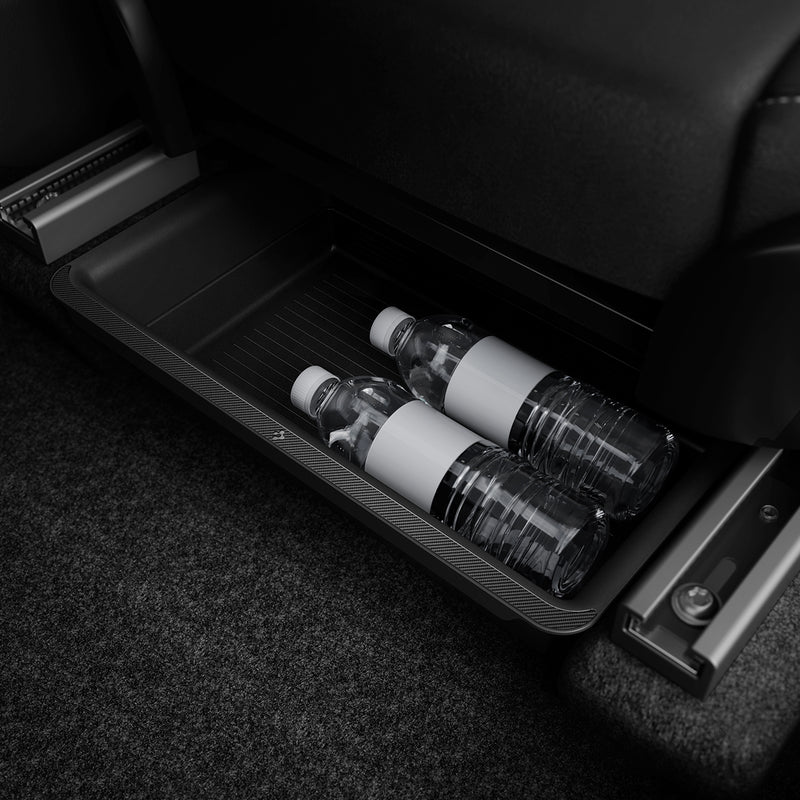 ACP05757 - Underseat Storage Box for Tesla Model Y in black showing water bottles inside