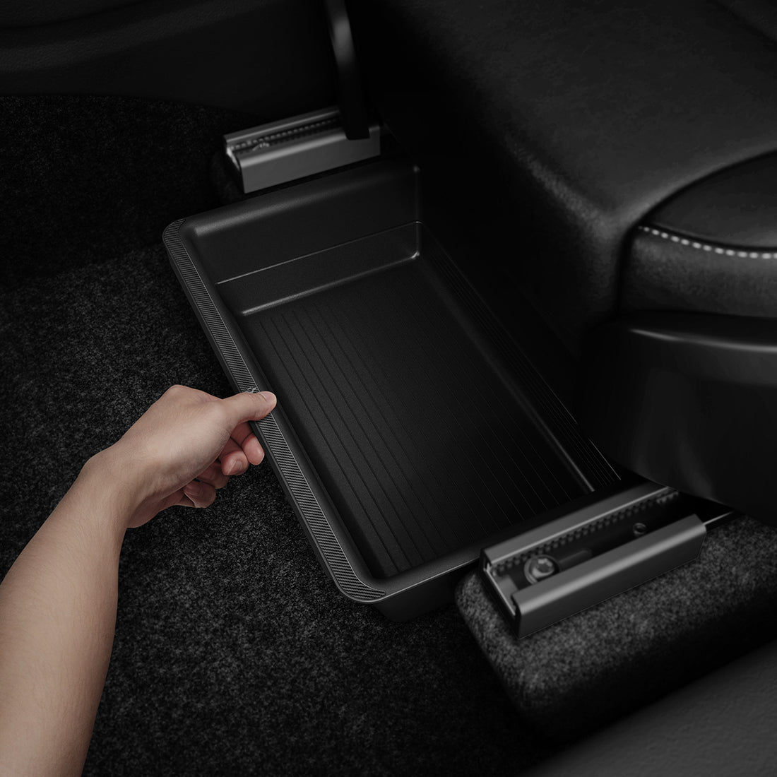 ACP05757 - Model Y (2021-2026) Underseat Storage Box | TO222 showing a hand installing it inside of car