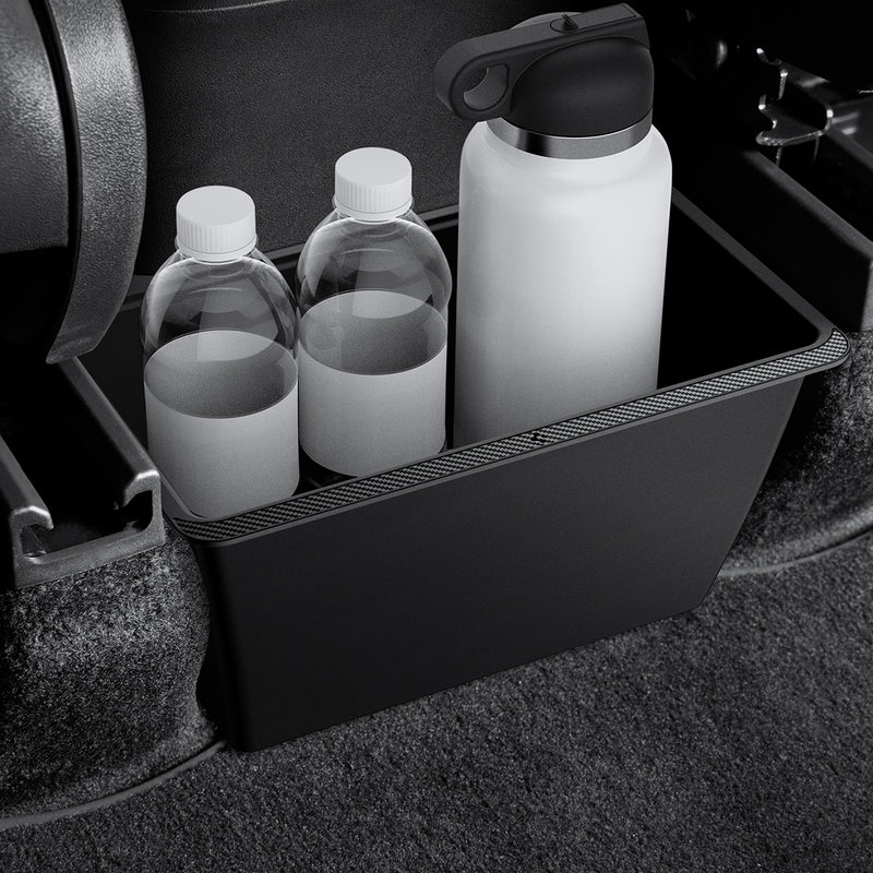 ACP05758 - TO223 Tesla Model Y Rear Storage Box in black showing the water bottles inserted