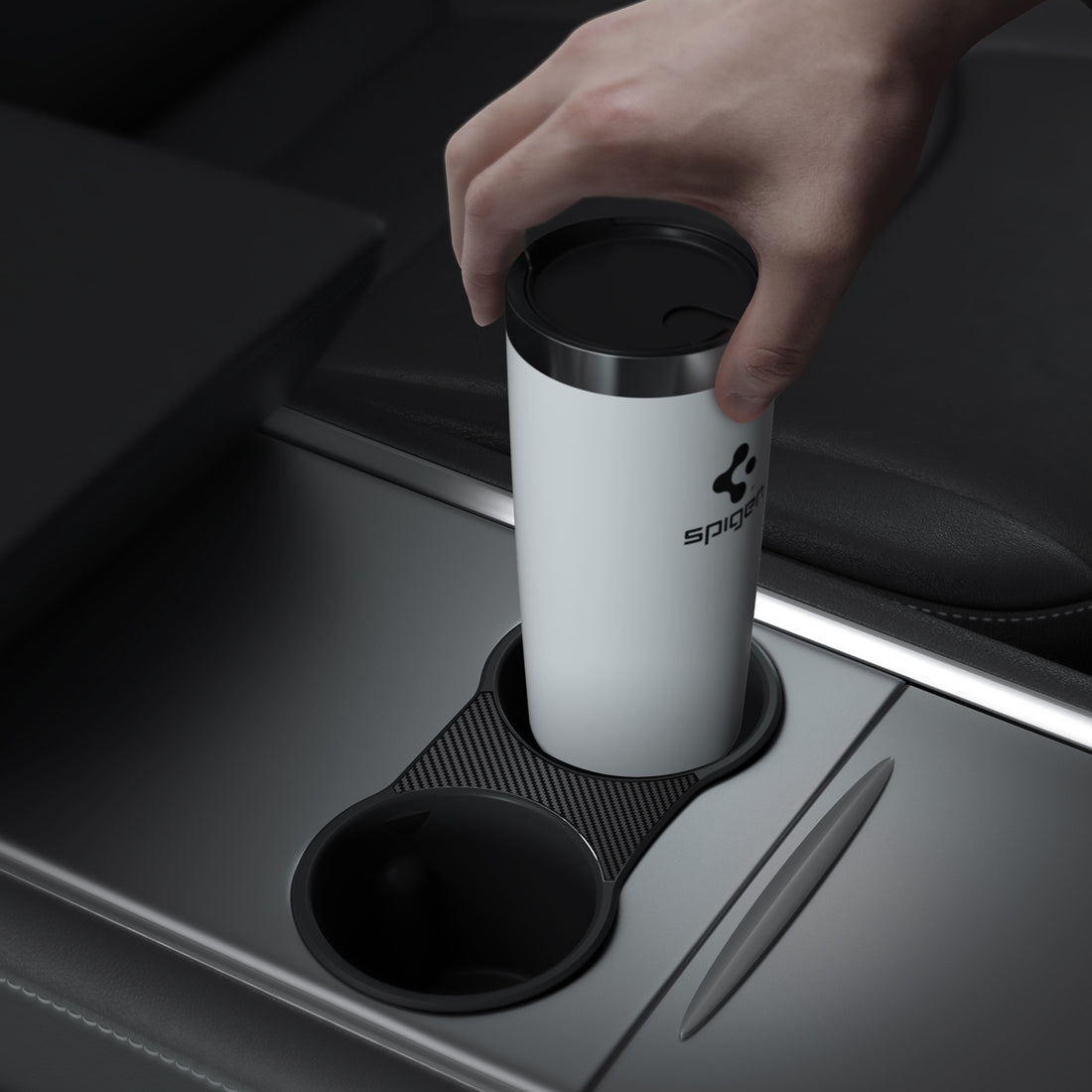ACP04507 - TO210 Tesla Model 3 & Y Cup Holder Insert in black showing with spigen cup inside