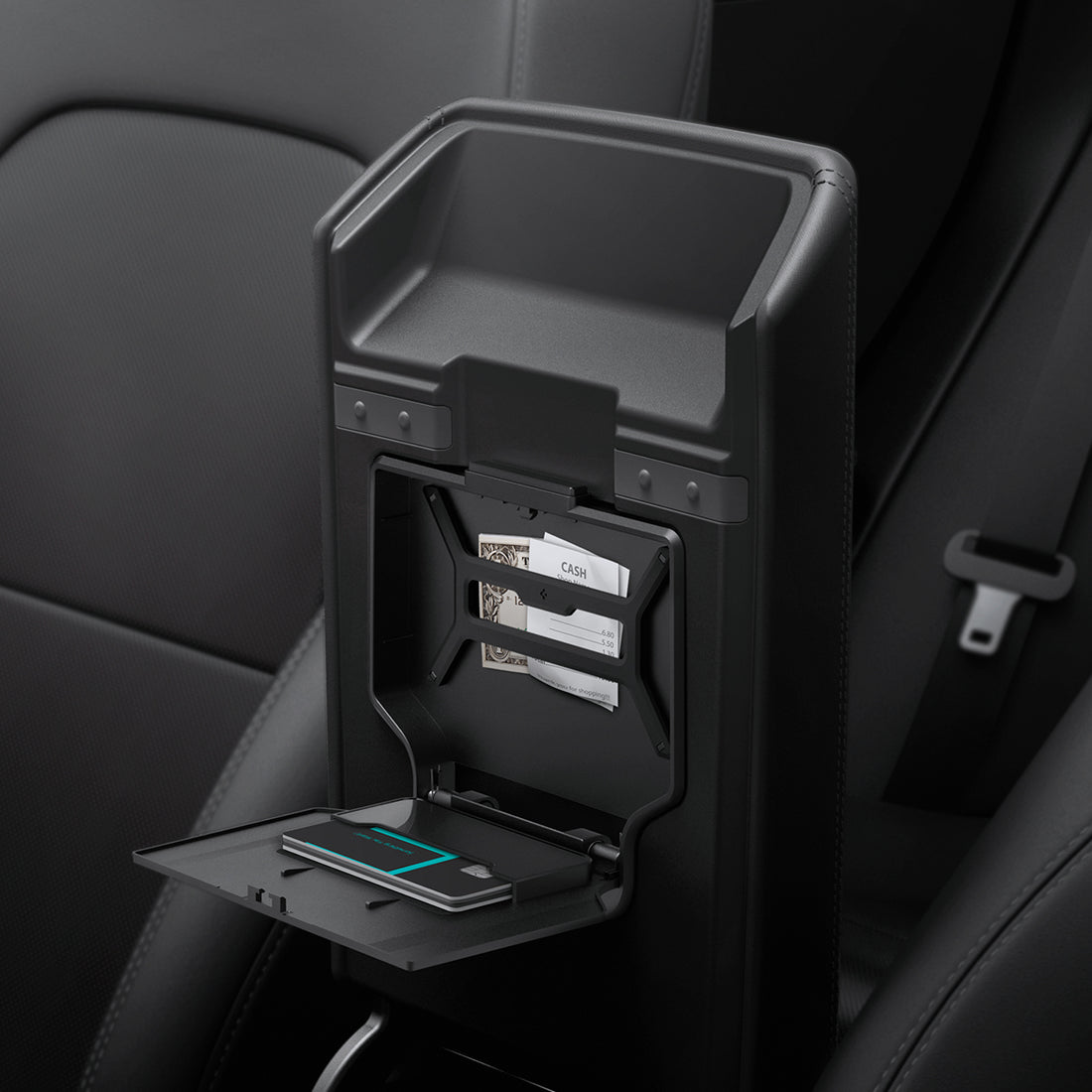 ACP07408 - Tesla Model Y 2025 Refresh & 3 Highland - Center Console Hidden Storage Box showing box open with money inside