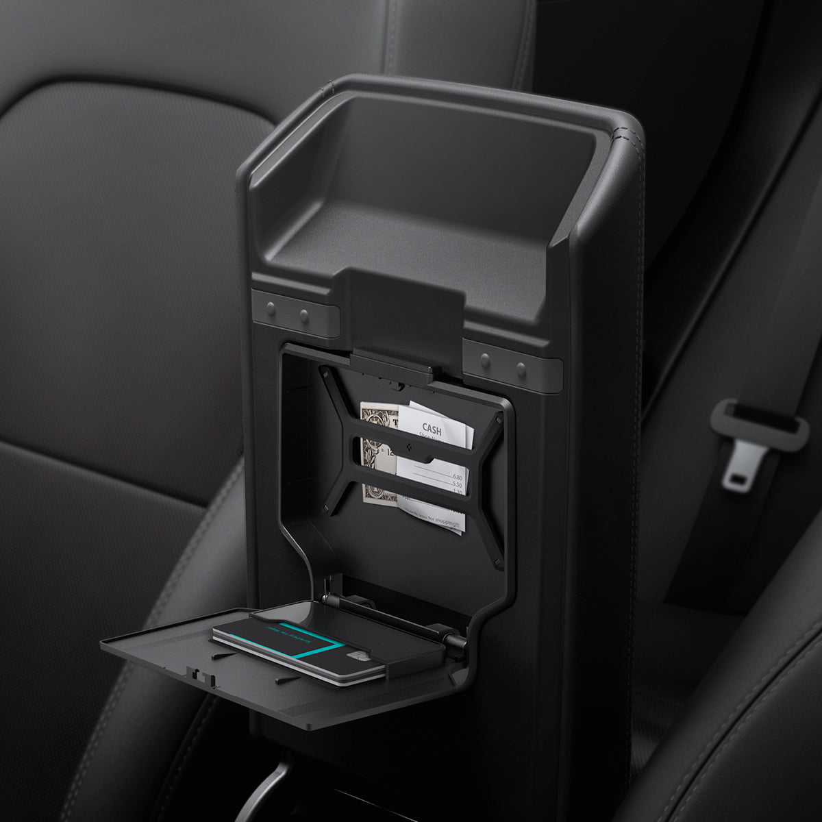 ACP07408 - Tesla Model Y 2025 Refresh & 3 Highland - Center Console Hidden Storage Box showing box open with money inside