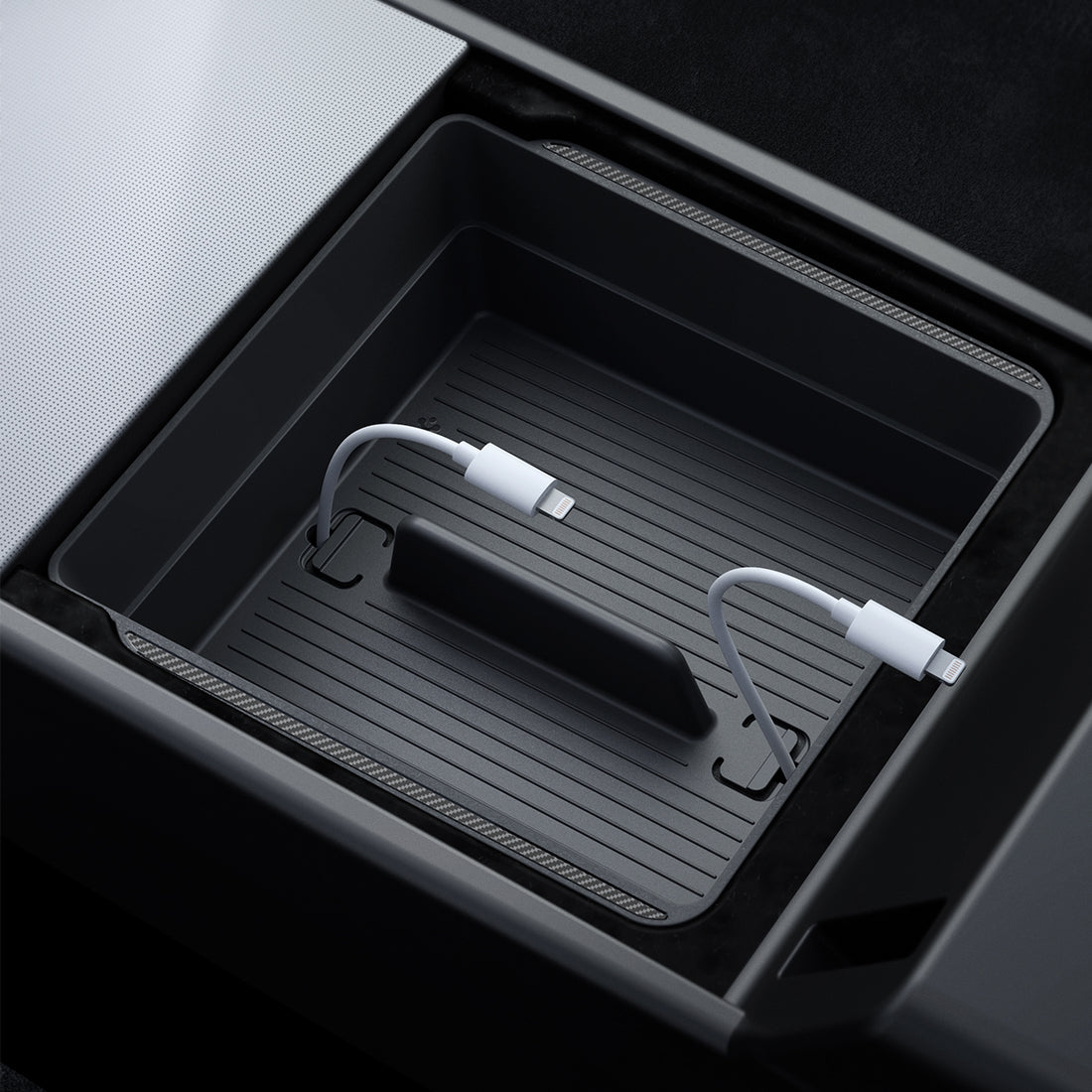 ACP07409 - Tesla Model 3 Armrest Console Organizer TO224H in Black showing the top view inside of car