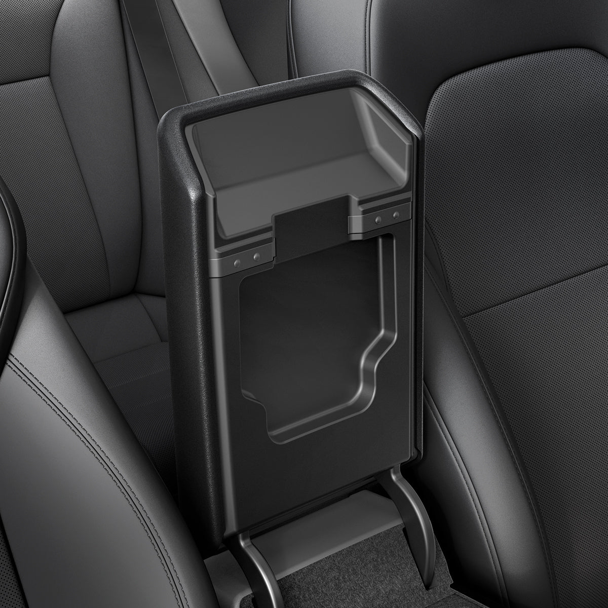 ACP07410 - Model 3 (2024) Armrest Cover TO240H in Black showing the inside and partial side of an armrest half open, inside a car