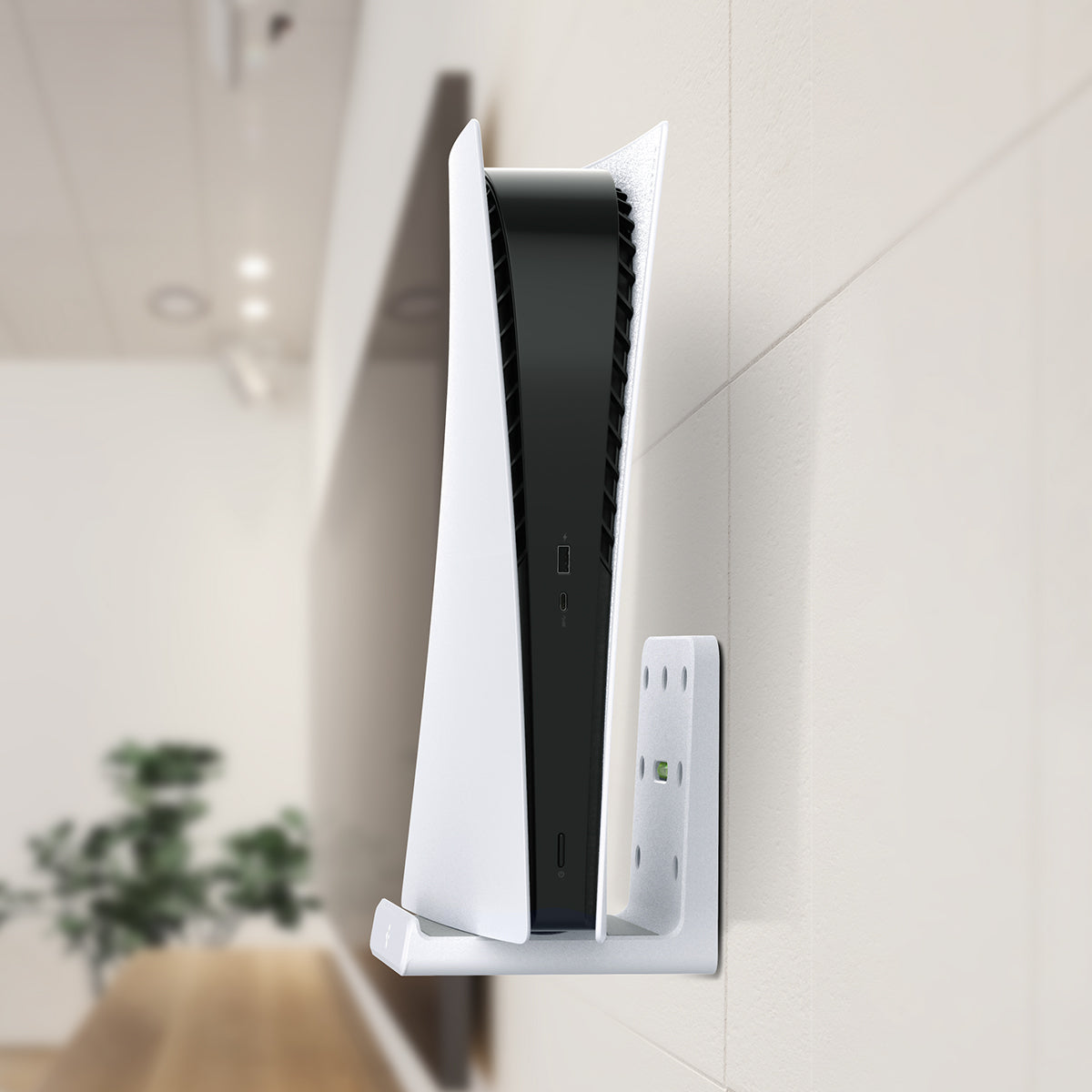 AMP06396 - Playstation 5 Console Mount | VG200 in white showing the side of the console placed on top of a mount attached to a wall