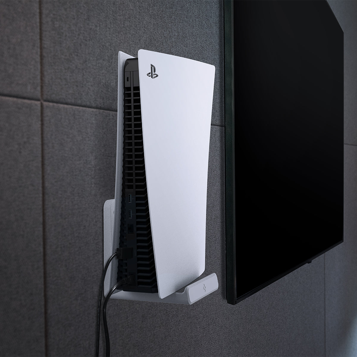 AMP06396 - Playstation 5 Console Mount | VG200 in white showing the console mounted on the wall