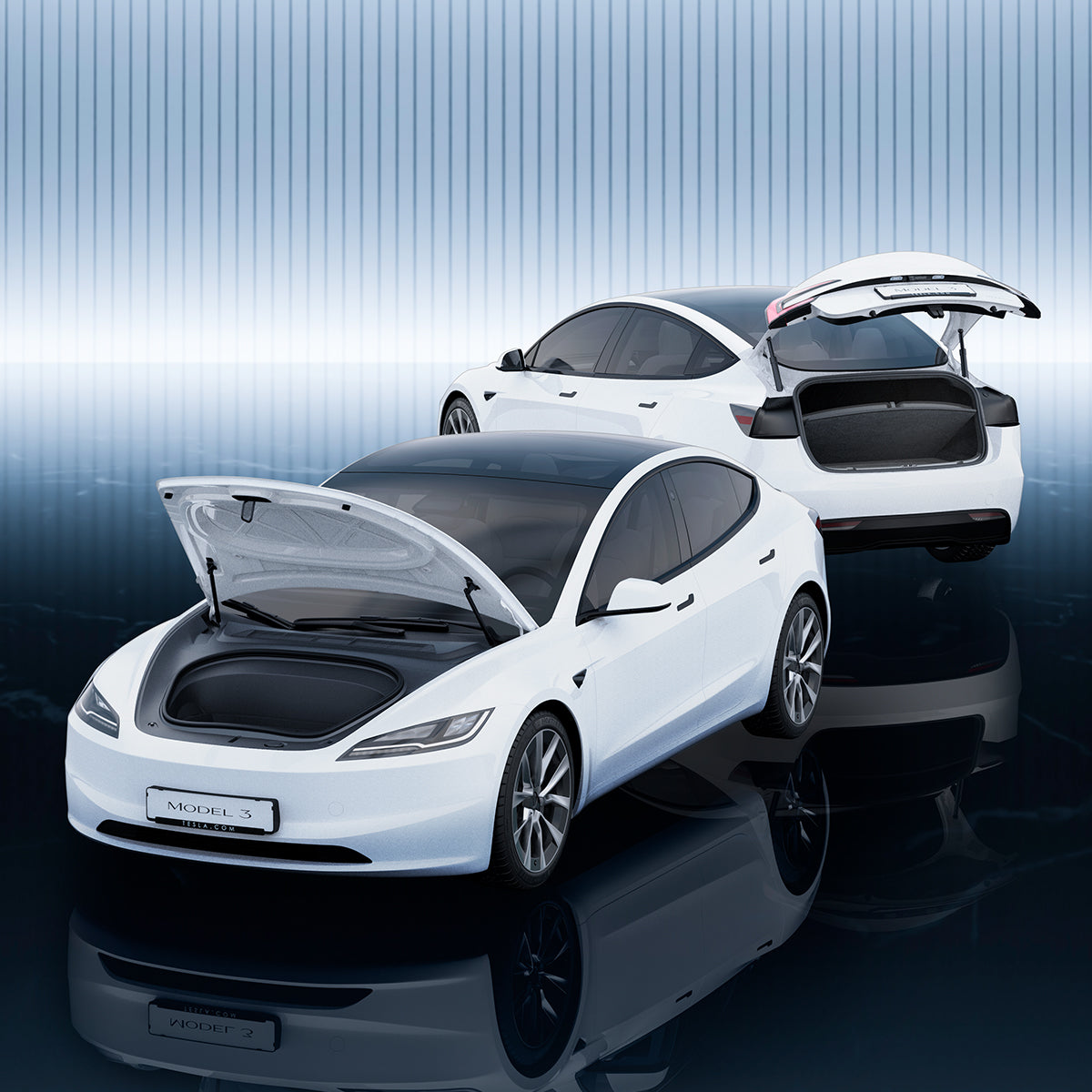 ACP07612 - Tesla Model 3 Highland Trunk Mat Liner TLT-3H in Black showing the two automobile with open trunk and  with a mat liner installed inside