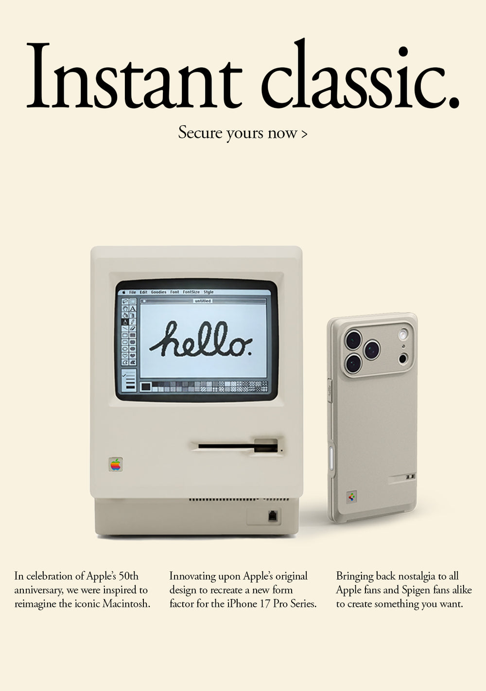 Spigen iPhone 17 Pro Series Classic LS Macintosh Case shown alongside a retro Macintosh inspired design