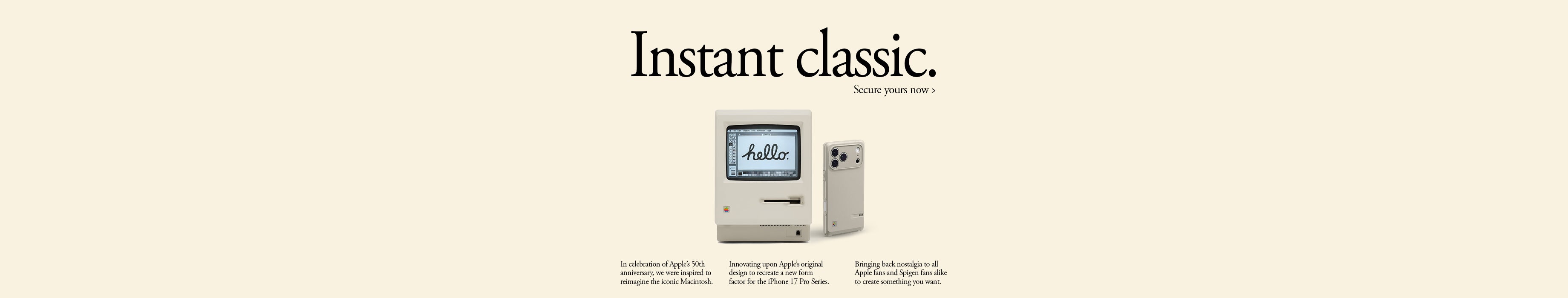 Spigen iPhone 17 Pro Series Classic LS Macintosh Case shown alongside a retro Macintosh inspired design