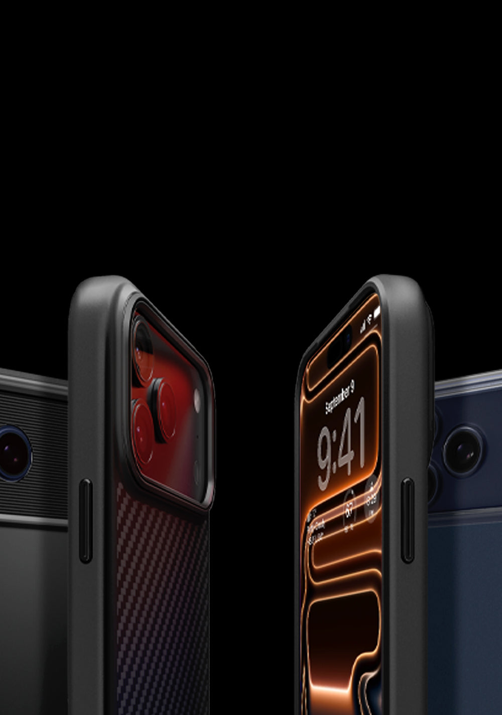 iPhone 17 Series shown in various Spigen cases displaying the side, front, and back