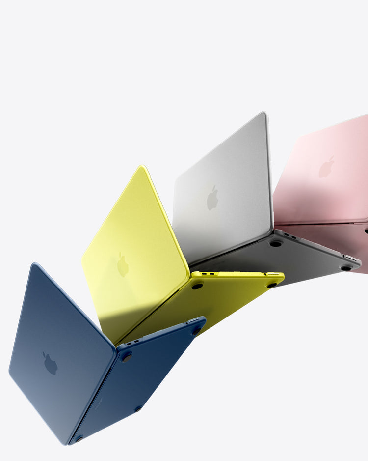 Four various MacBook Neo opened up and fanned out with light grey background