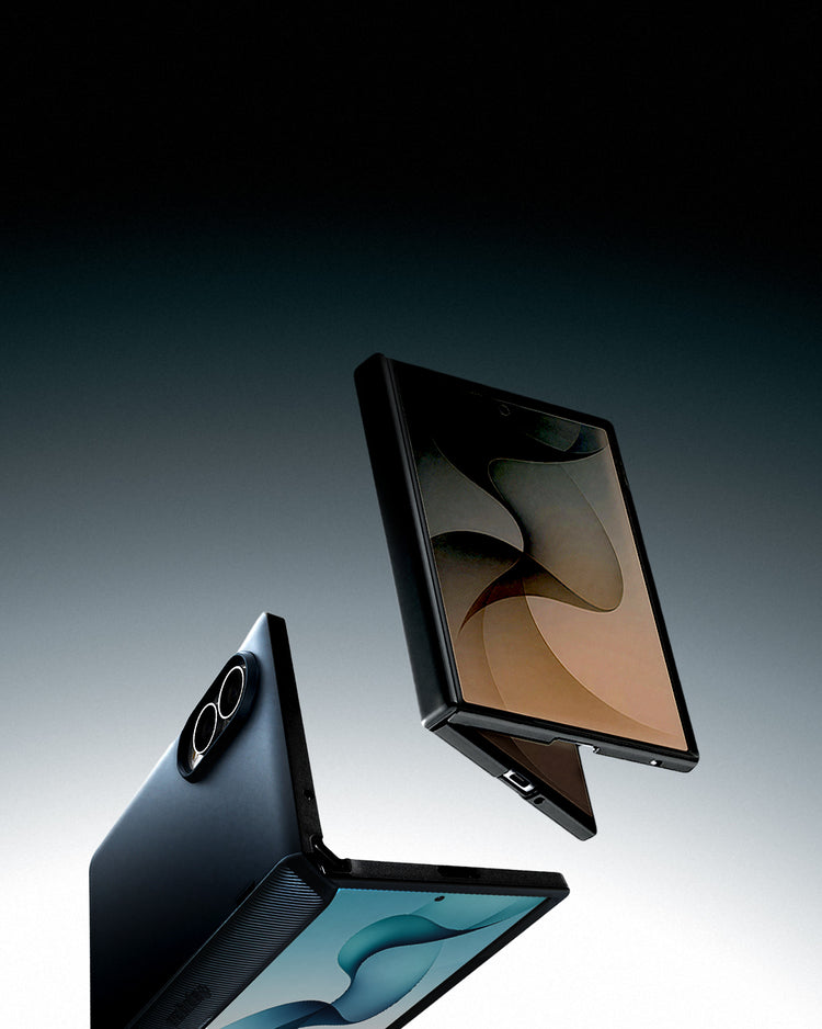 Two Samsung Galaxy Z Fold devices in Spigen cases shown open and closed on a dark gradient background