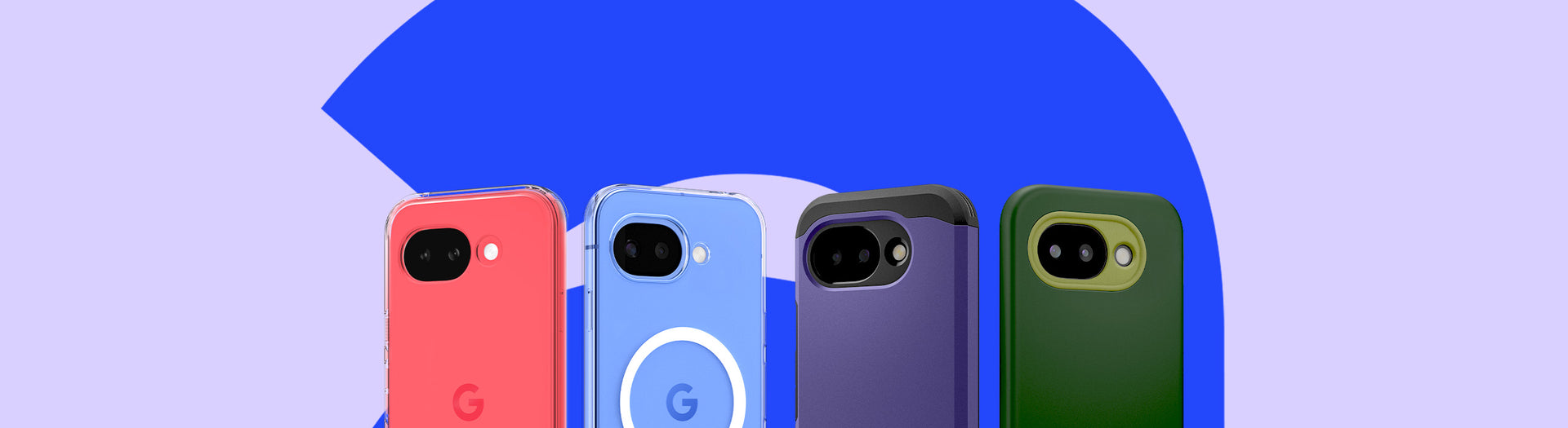 Purple background featuring Pixel 10a fitted with Clear Case, Tough Armor, and Nano Pop, showing back views.