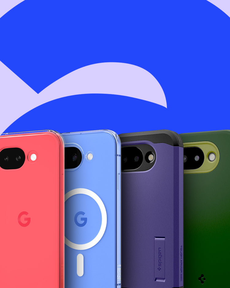 Purple background featuring Pixel 10a fitted with Clear Case, Tough Armor, and Nano Pop, showing back views.