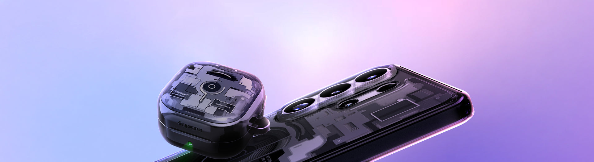 Galaxy S26 Zero One case and earbuds case featuring transparent teardown design with internal components visible