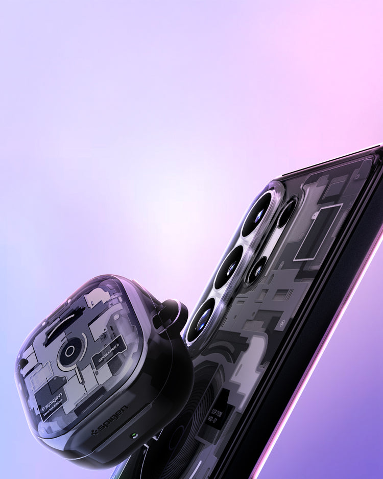 Galaxy S26 Zero One case and earbuds case featuring transparent teardown design with internal components visible