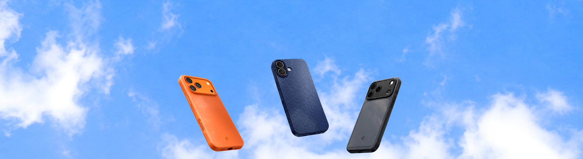 Three Spigen iPhone cases in orange, navy, and black floating against a blue sky background