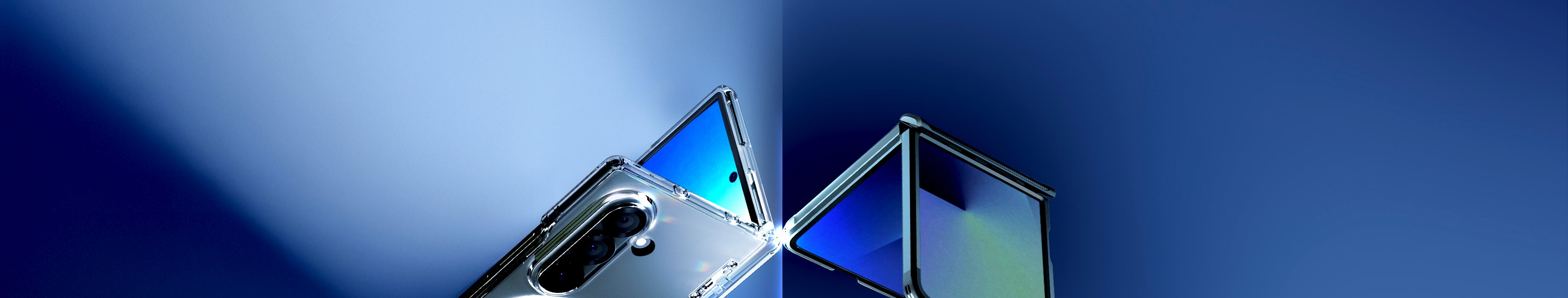 Blue background with Galaxy Z Fold 7 in Ultra Hybrid MagFit and Z Flip 7