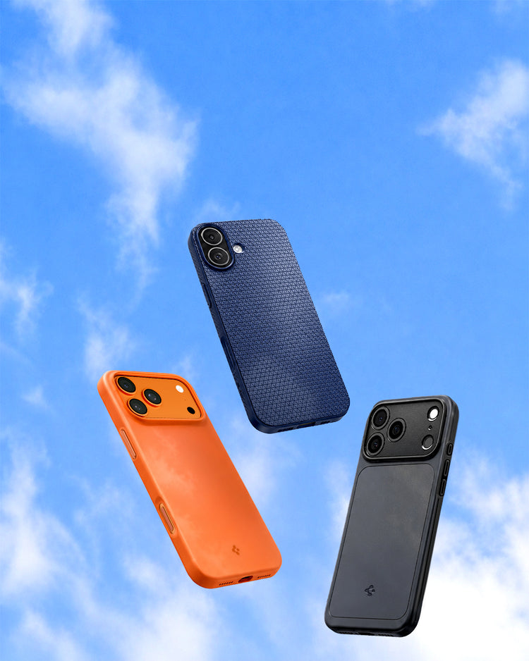 Three Spigen iPhone cases in orange, navy, and black floating against a blue sky background