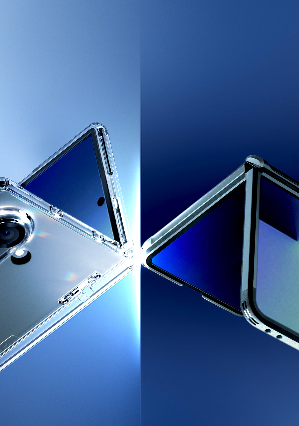 Blue background with Galaxy Z Fold 7 in Ultra Hybrid MagFit and Z Flip 7