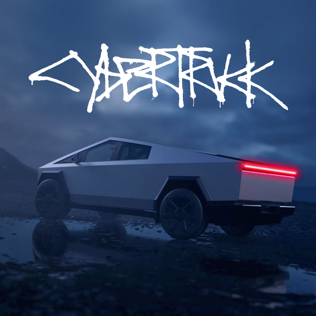 Showing a Tesla Cybertruck with the rear lights glowing and Cybertruck written out on top