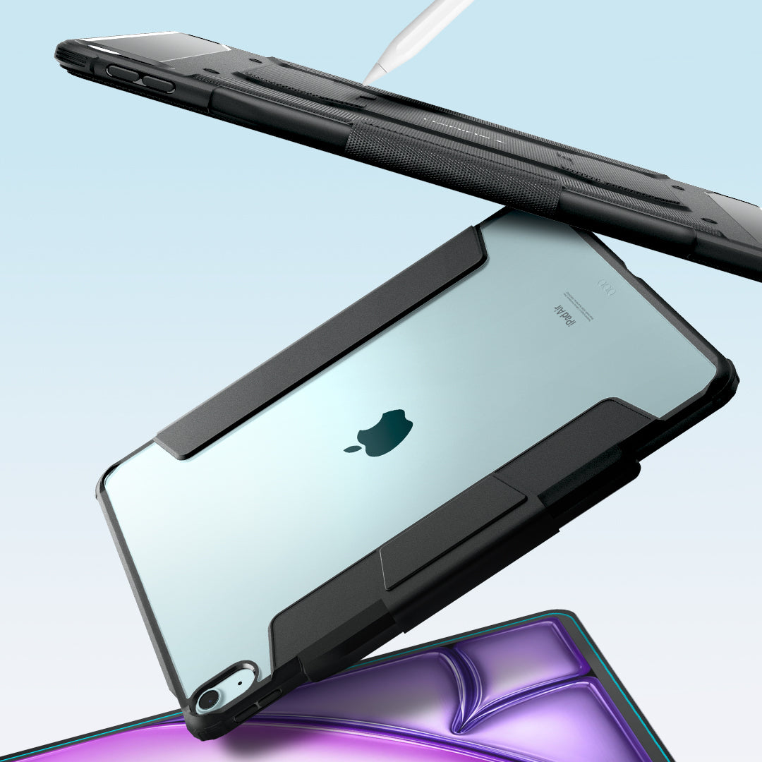 Showing the Apple iPad in Rugged Armor Pro case and Ultra Hybrid Pro case with a light blue background