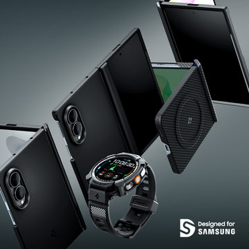 Spigen Galaxy Z Flip 8, Fold 8 Cases, and Galaxy Watch Ultra 2 shown gradient grey background with Designed for Samsung logo