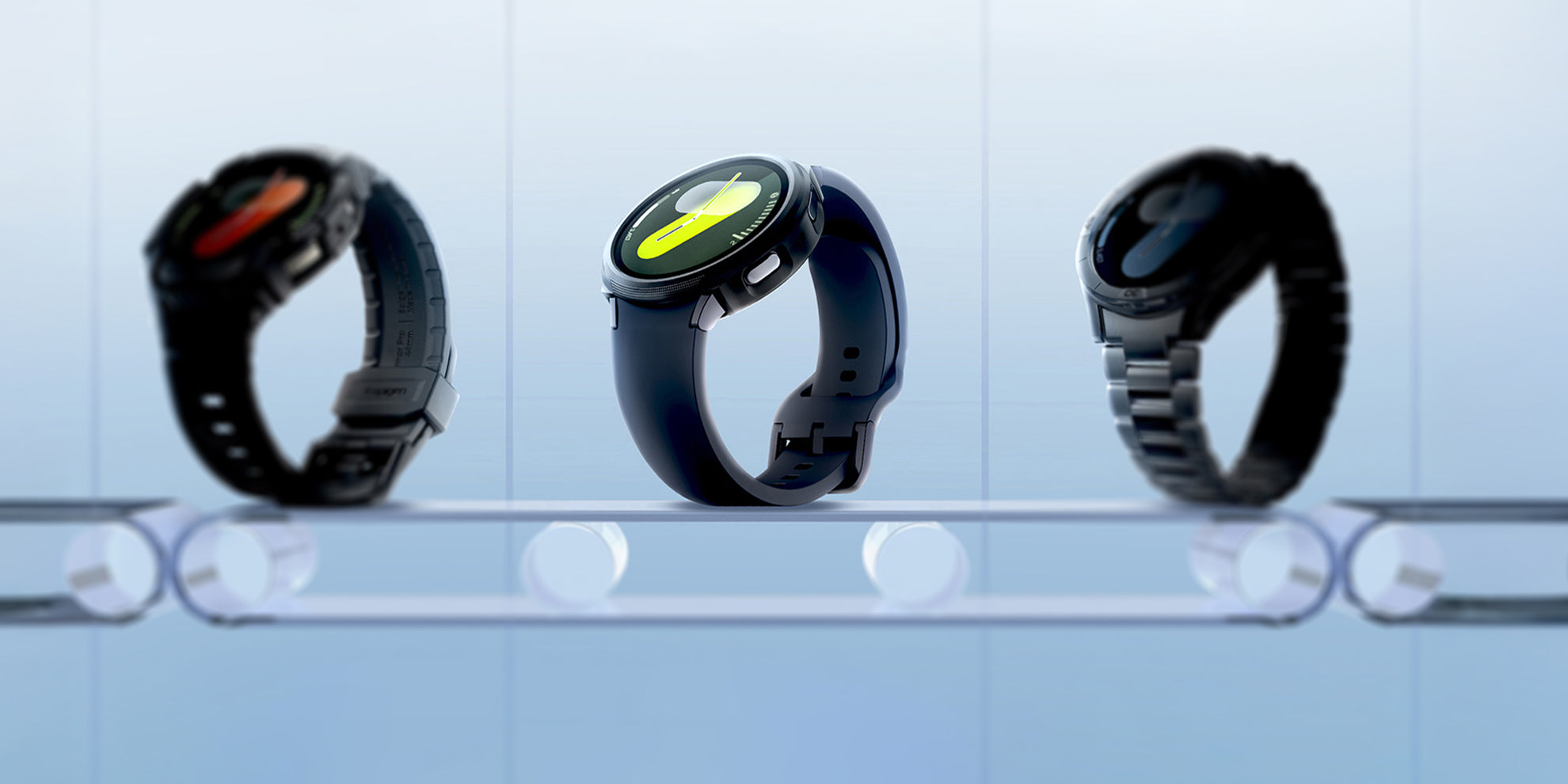 Three Galaxy Watch cases showing at an angled view 