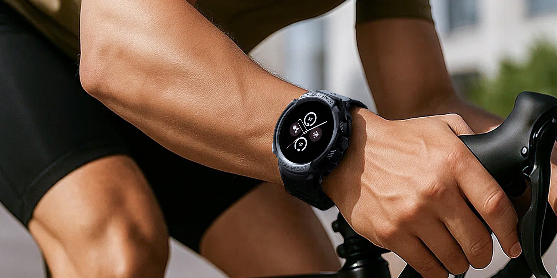 Person on bike wearing the Pixel Watch Rugged Armor