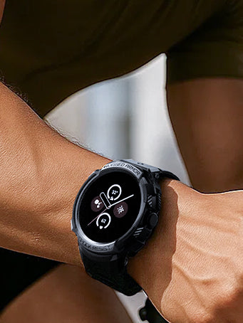 Person on bike wearing the Pixel Watch Rugged Armor