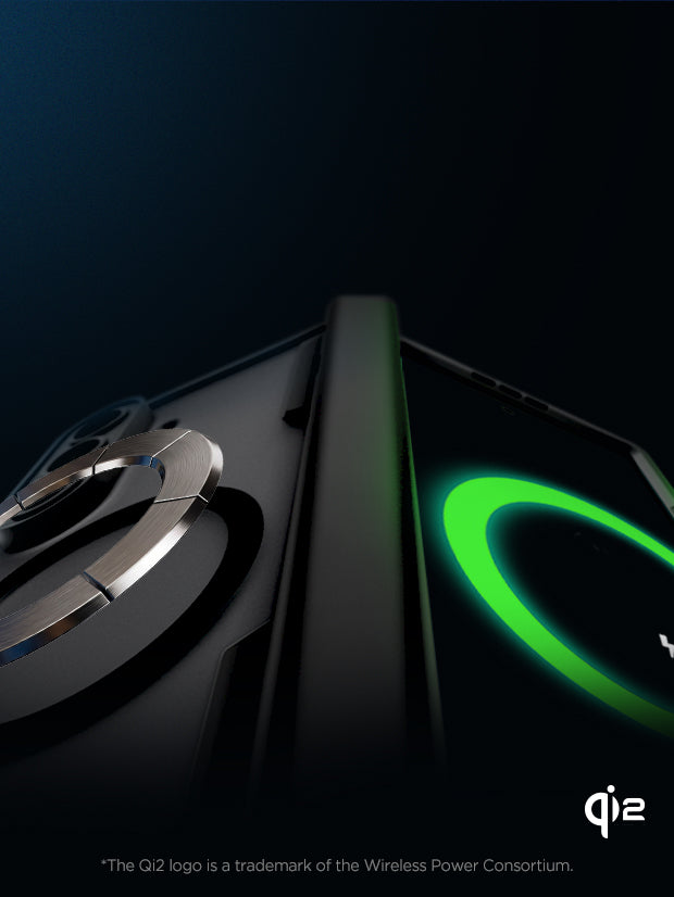 Close-up of Qi2 magnetic charging ring on a black case with green wireless charging glow