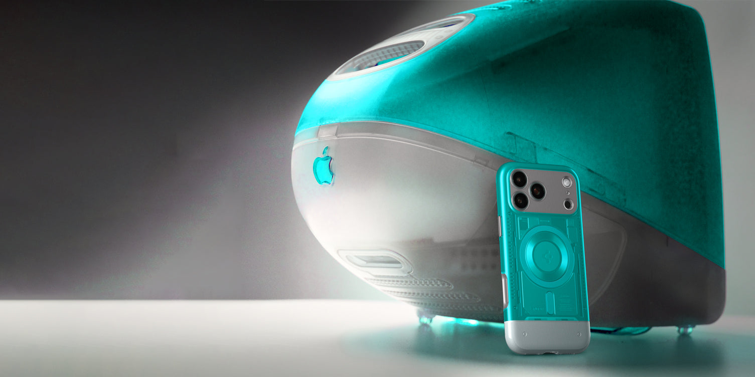 Spigen iPhone 17 Pro Classic case featuring translucent teal retro computer inspired design displayed next to vintage iMac style device