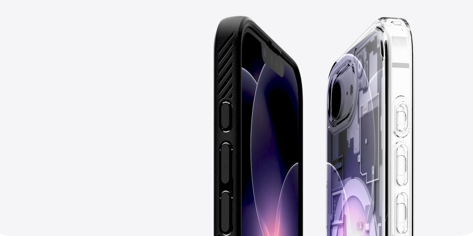 Spigen iPhone 17e Case shown in black and clear versions highlighting side button protection and camera cutout design