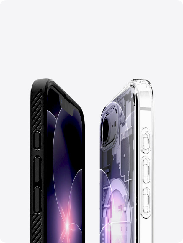 Spigen iPhone 17e Case shown in black and clear versions highlighting side button protection and camera cutout design