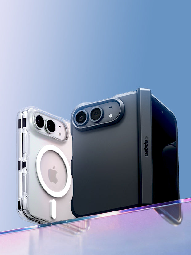 Two Spigen iPhone cases displayed side by side: a clear case with MagSafe ring, black protective case