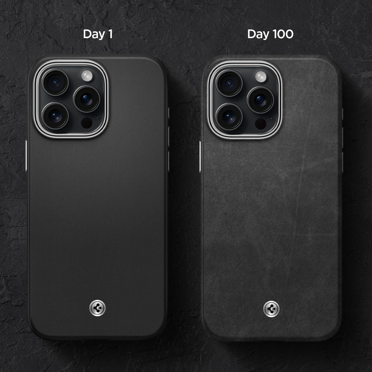 ACS06601 - iPhone 15 Pro Max Case Enzo (MagFit) in black showing the difference between a day 1 and day 100 case