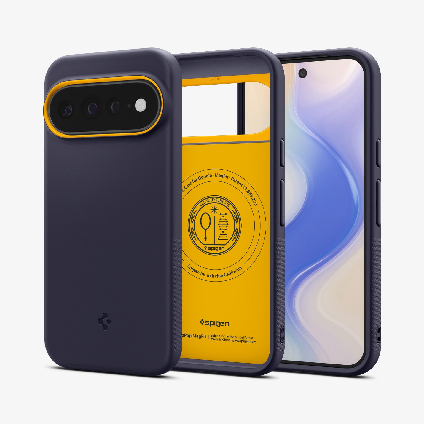 ACS11454 - Pixel 11 Pro XL Nano Pop (Mag Fit) Blueberry Navy front and back angled views show the slim profile, precise fit, and built in magnetic construction.