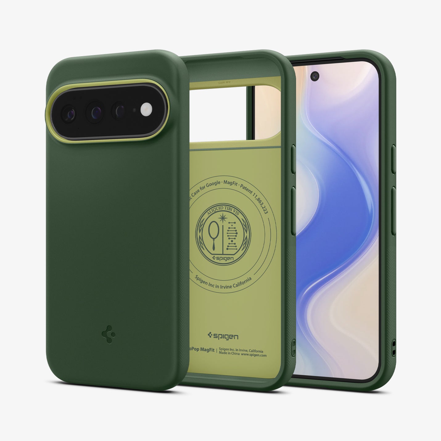 ACS11456 - Pixel 11 Pro XL Nano Pop (Mag Fit) Avo Green front and back angled views show the slim profile, precise fit, and built in magnetic construction.
