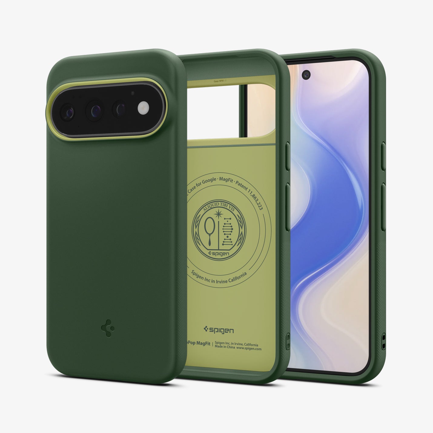 ACS11436 - Pixel 11 Pro  Nano Pop (Mag Fit) Avo Green front and back angled views show the slim profile, precise fit, and built in magnetic construction.