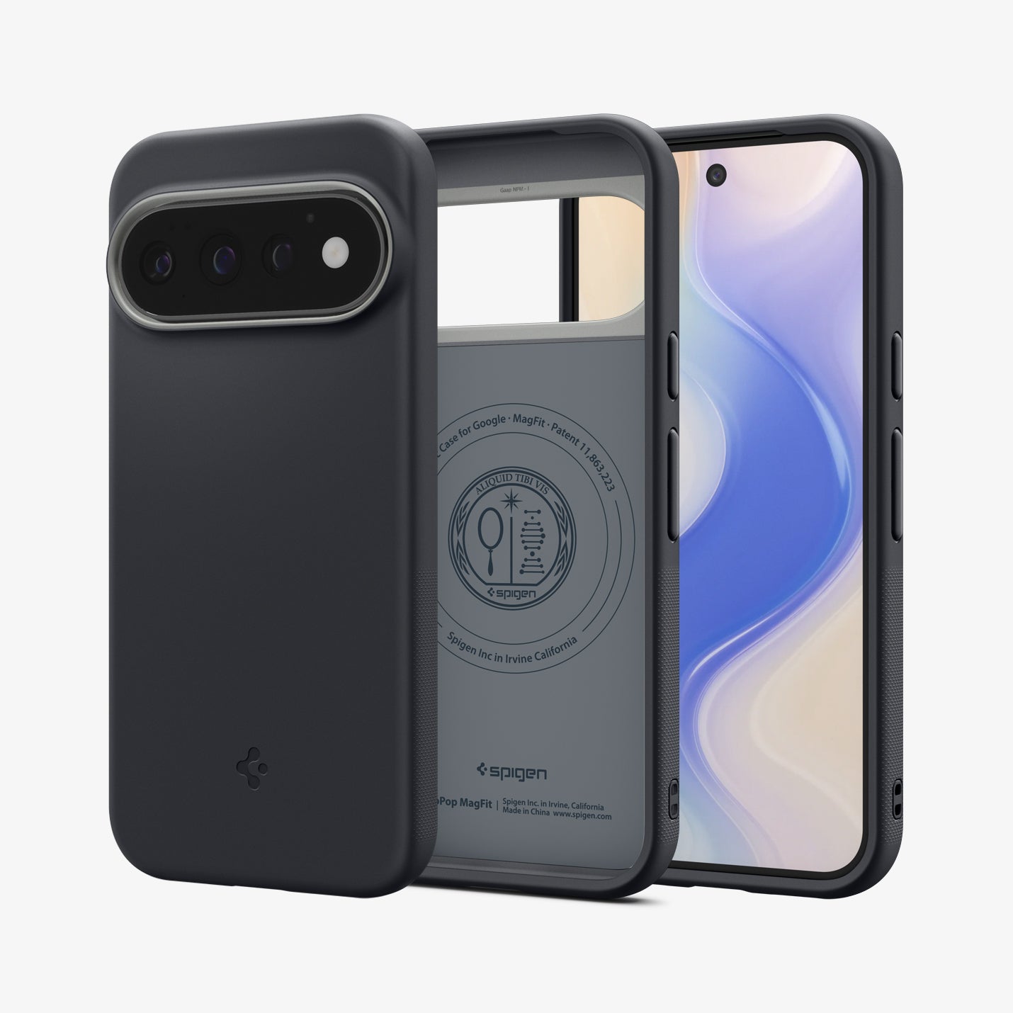 ACS11435 - Pixel 11 Pro  Nano Pop (Mag Fit) Black Sesame front and back angled views show the slim profile, precise fit, and built in magnetic construction.