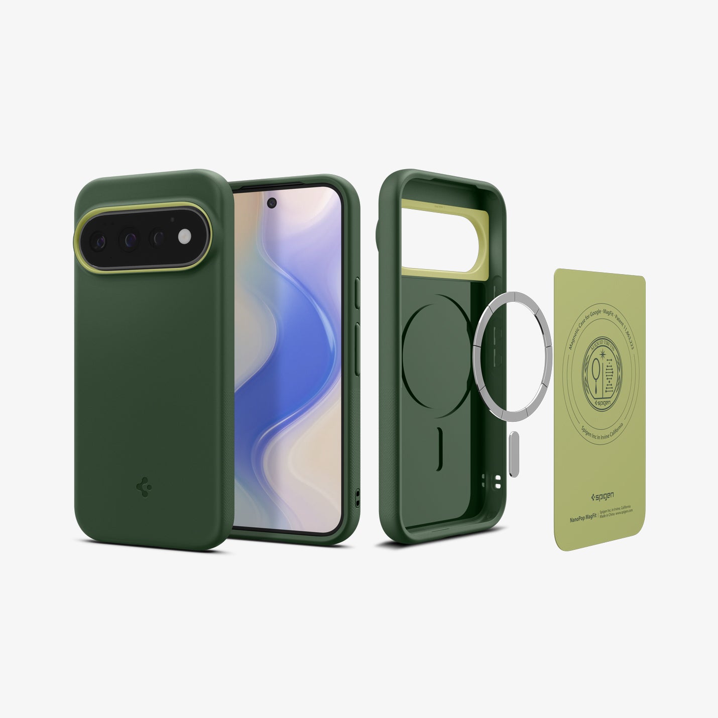ACS11436 - Pixel 11 Pro  Nano Pop (Mag Fit) Avo Green front, back, and exploded views showing the magnetic construction and internal components of the case.