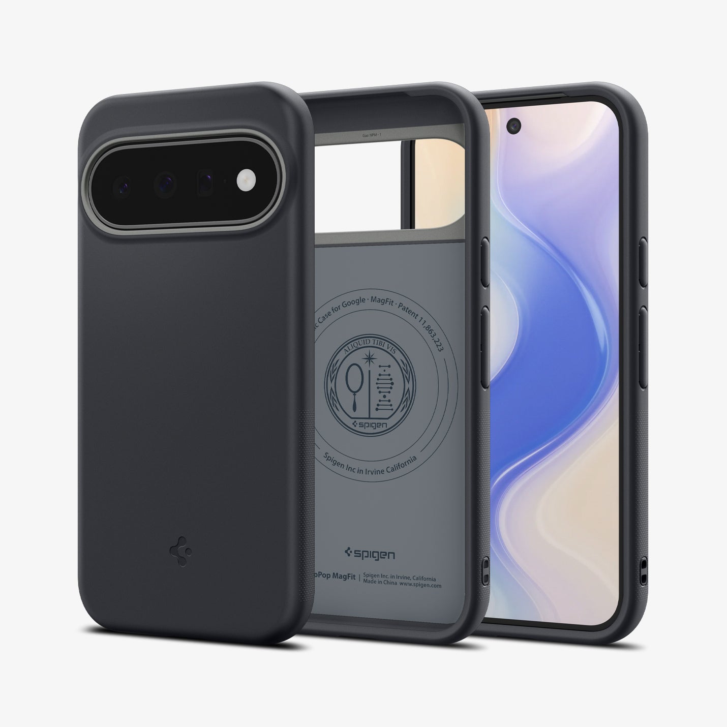 ACS11445 - Pixel 11 Nano Pop (Mag Fit) Black Sesame front and back angled views show the slim profile, precise fit, and built in magnetic construction.