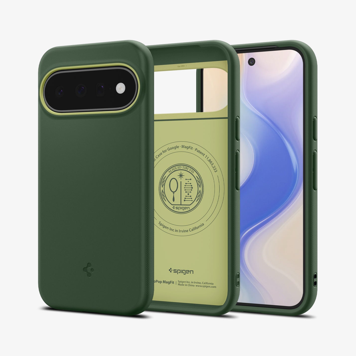 ACS11446 - Pixel 11 Nano Pop (Mag Fit) Avo Green front and back angled views show the slim profile, precise fit, and built in magnetic construction.