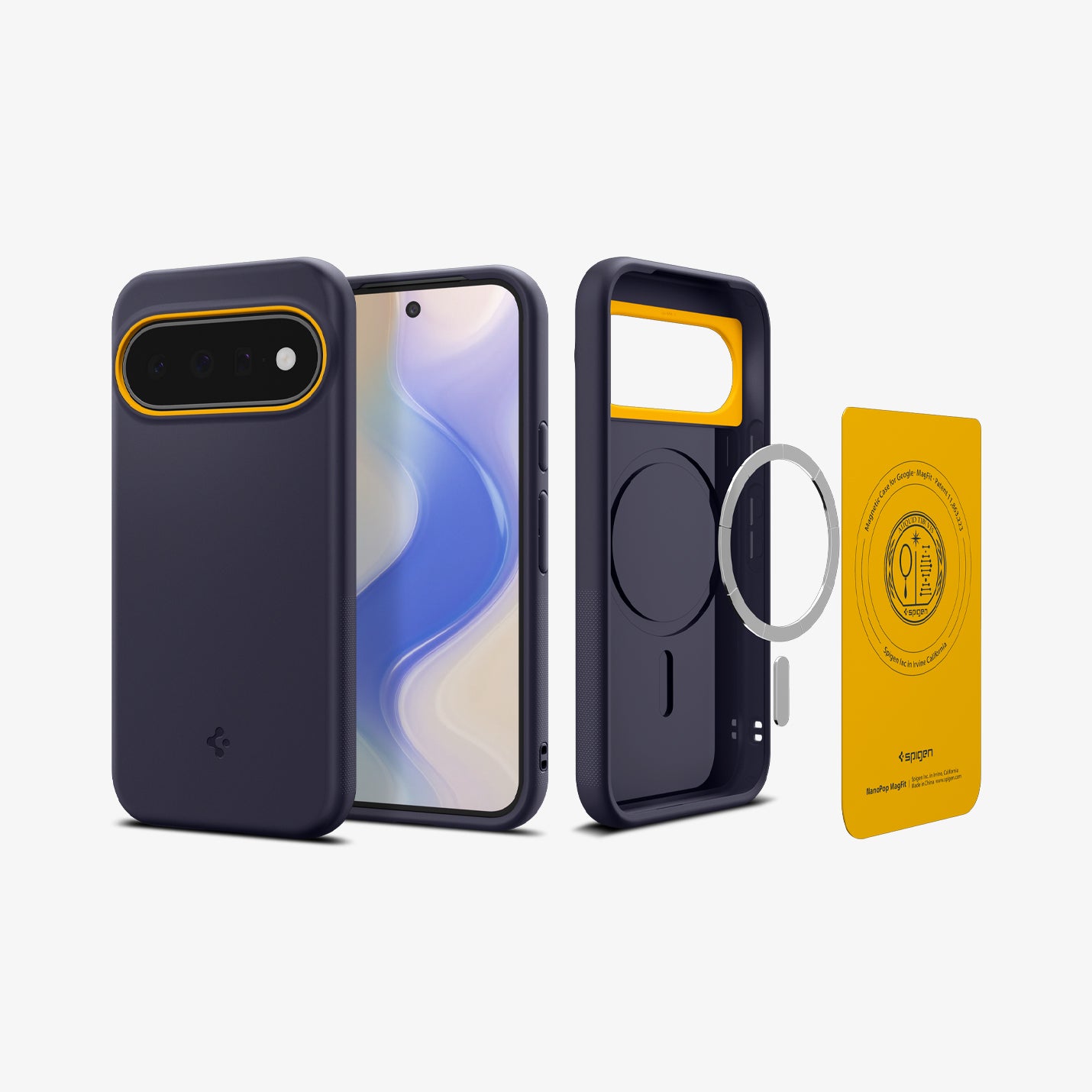 ACS11444 - Pixel 11 Nano Pop (Mag Fit) Blueberry Navy front, back, and exploded views showing the magnetic construction and internal components of the case.