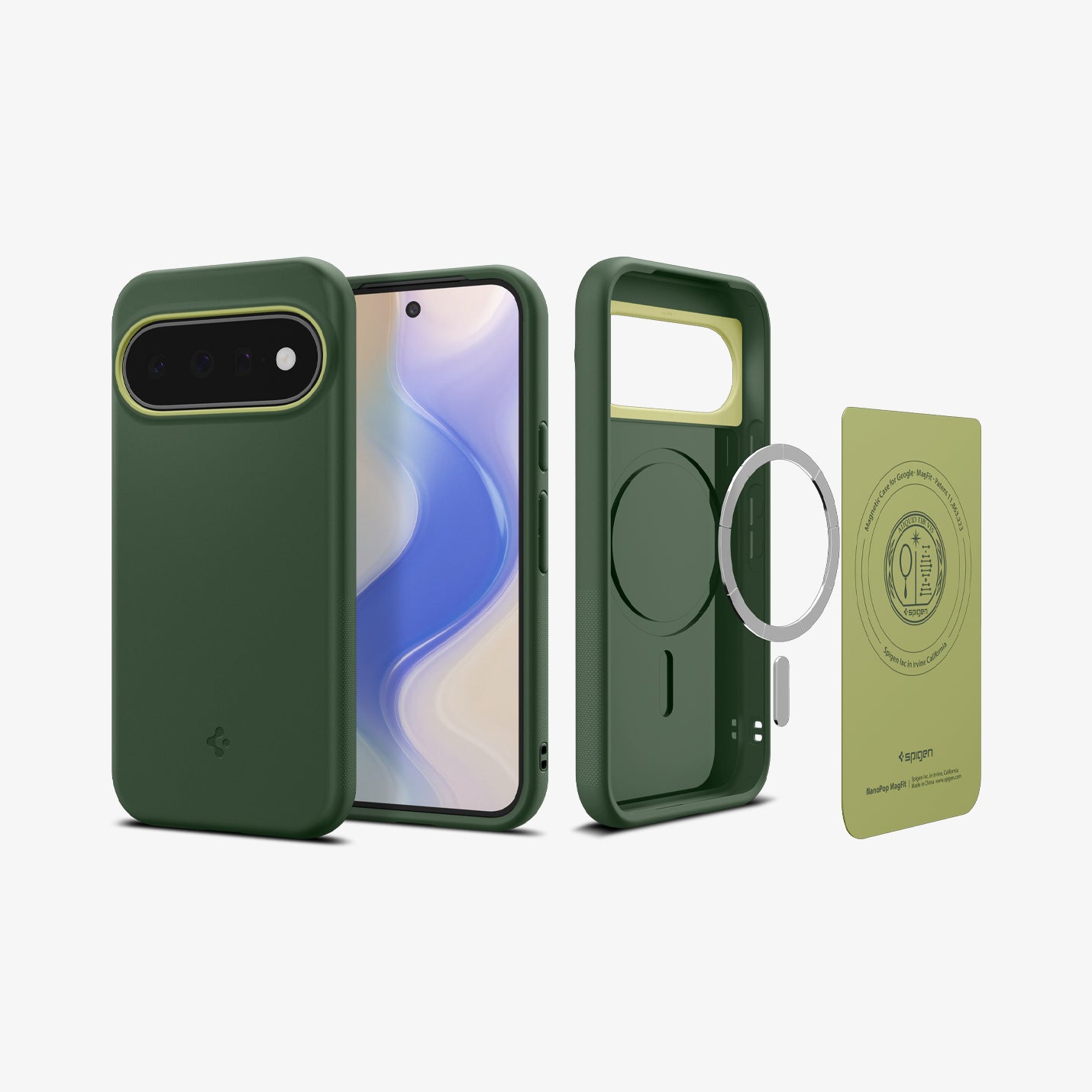 ACS11446 - Pixel 11 Nano Pop (Mag Fit) Avo Green front, back, and exploded views showing the magnetic construction and internal components of the case.