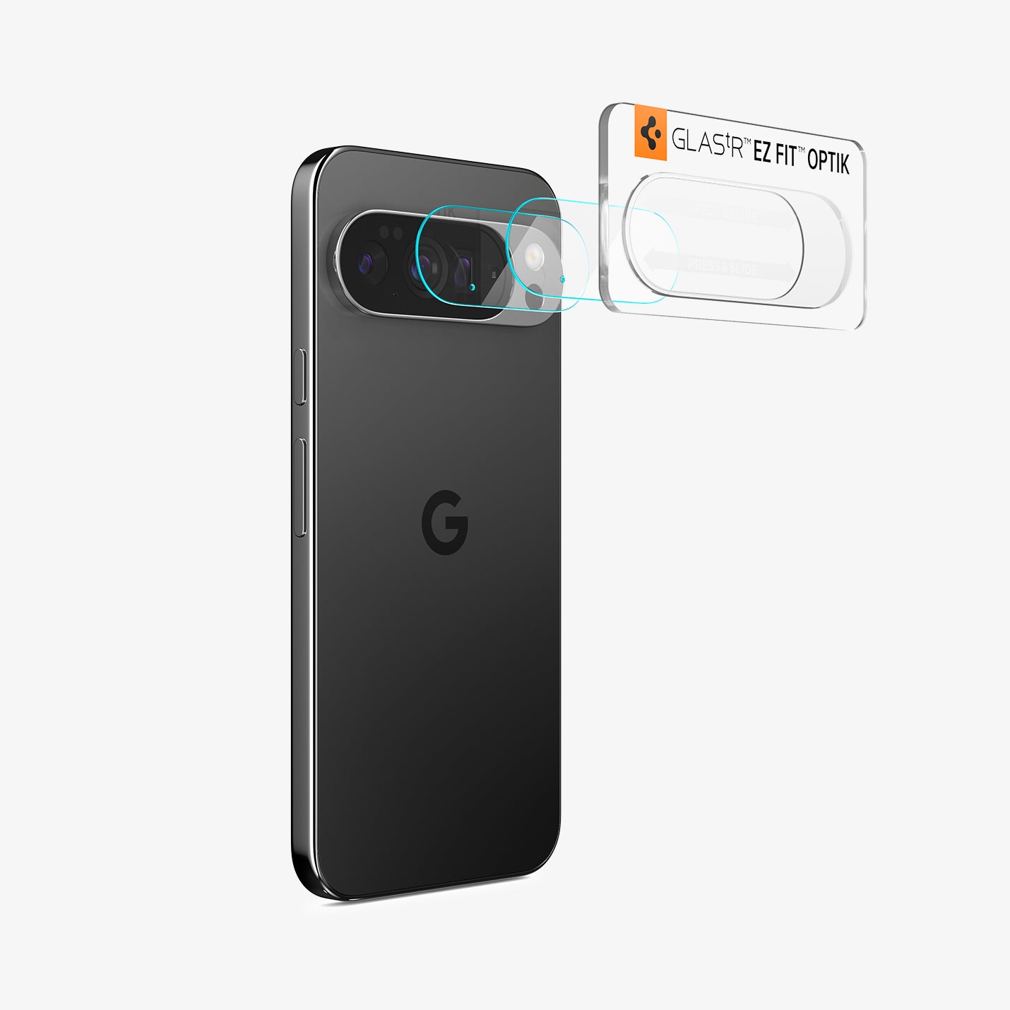 AGL09663 - Pixel 10 Pro XL Optik EZ Fit Lens Protector showing the installation tray with lens attached to the device