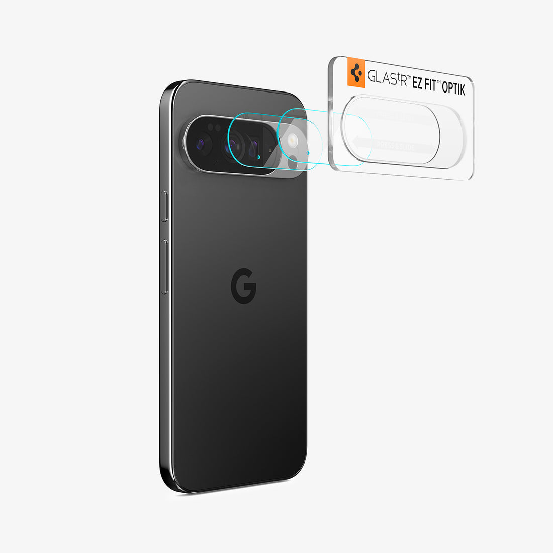 AGL09662 - Pixel 10 Pro Optik EZ Fit Lens Protector showing the installation tray with lens attached to the device