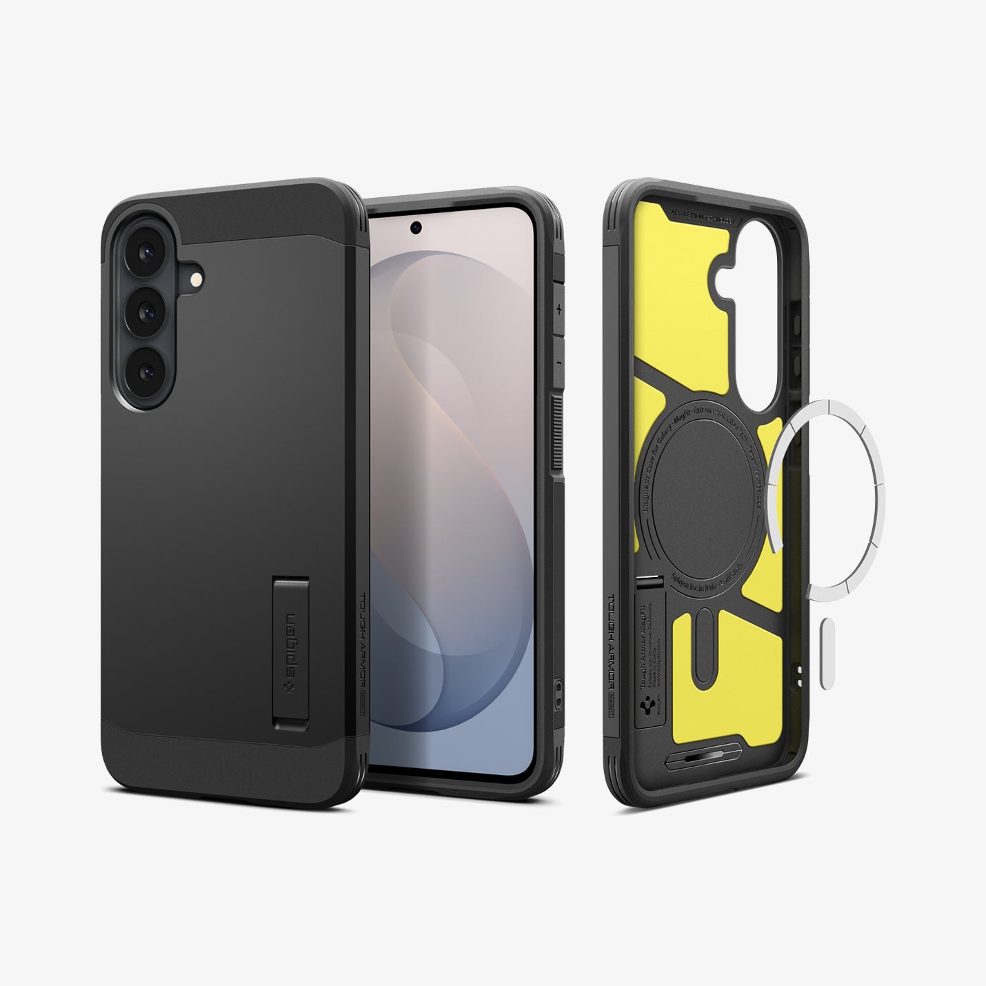 ACS11634 - Galaxy S26 FE Tough Armor (Mag Fit) showing Galaxy S26 FE in black Tough Armor MagFit case with front back and interior views and magnetic ring