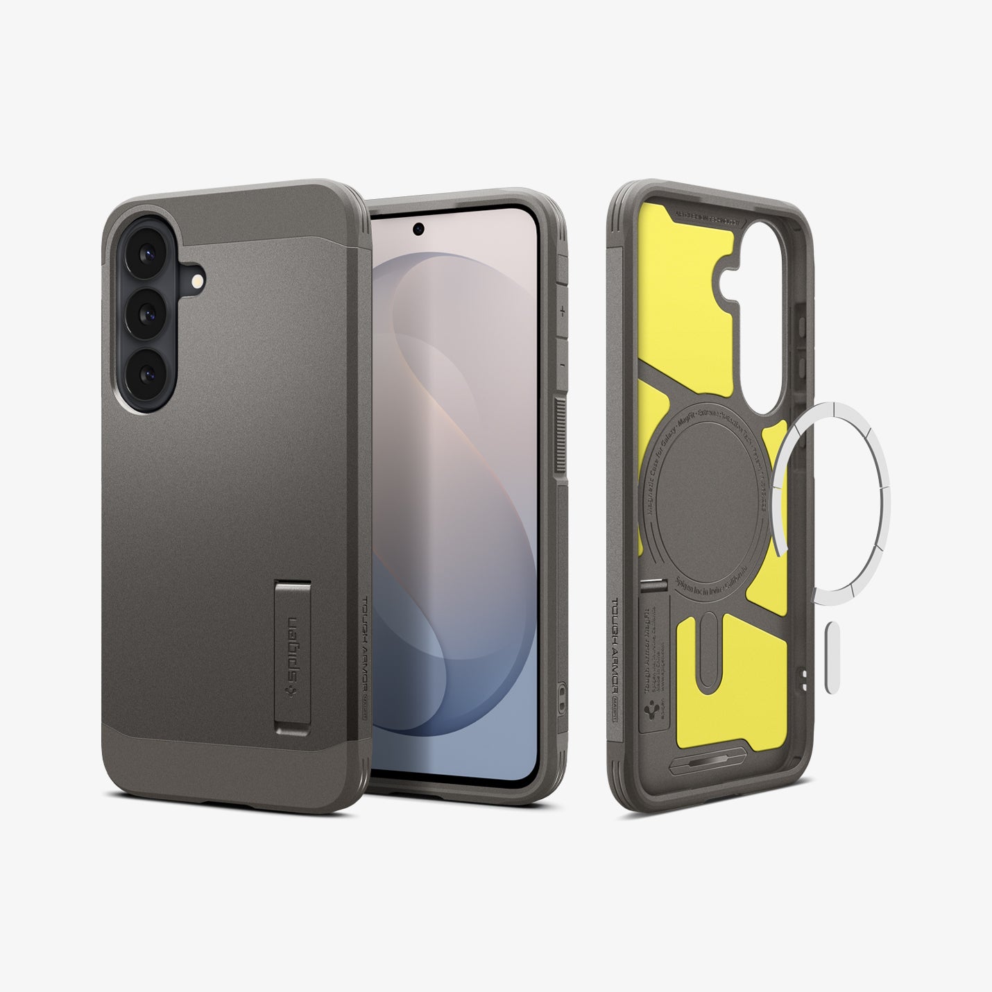 ACS11635 - Galaxy S26 FE Tough Armor (Mag Fit) showing Galaxy S26 FE in black Tough Armor MagFit case with front back and interior views and magnetic ring